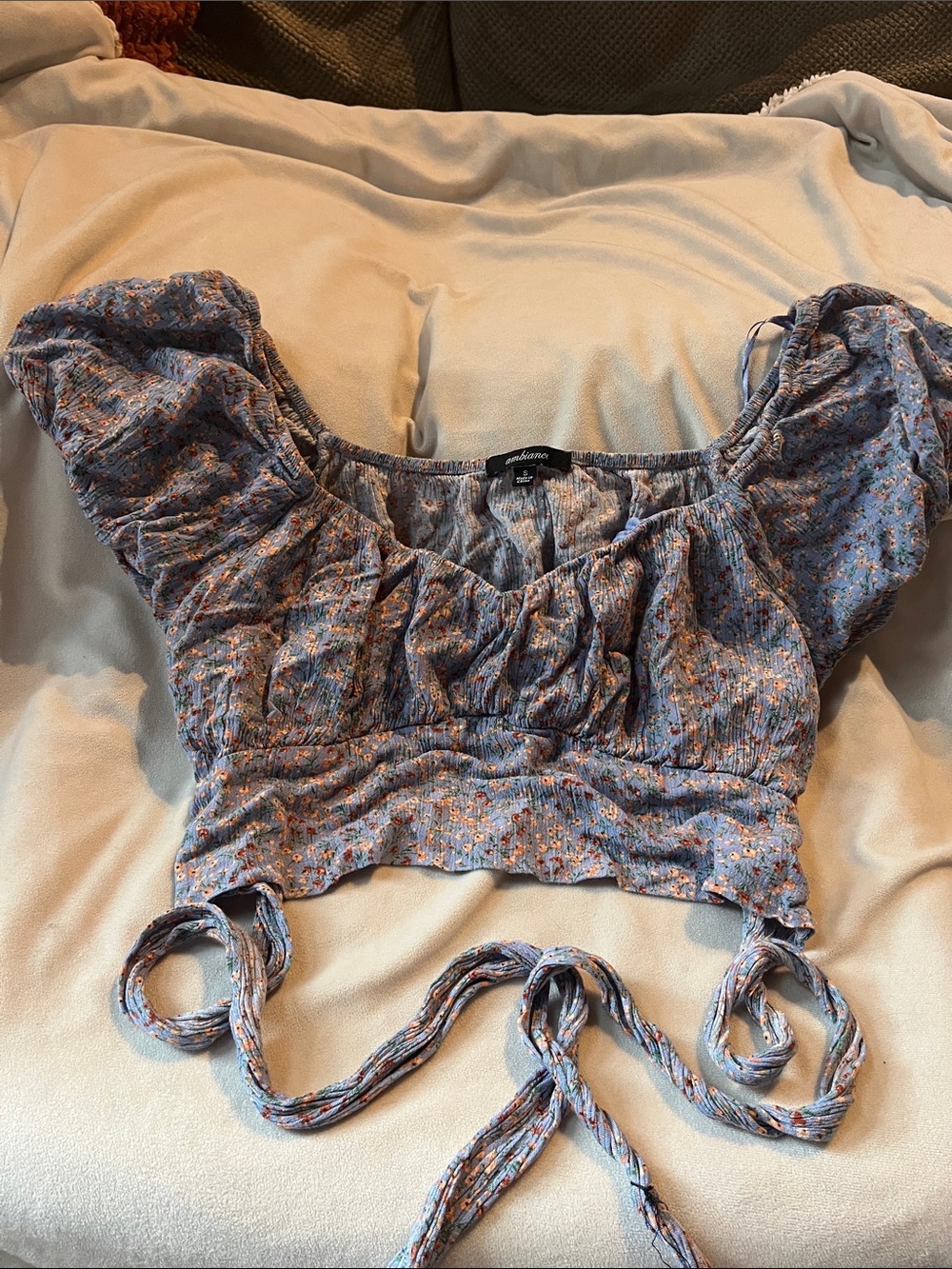 Ambiance Lavender Floral Tie-Front Smocked Crop Top